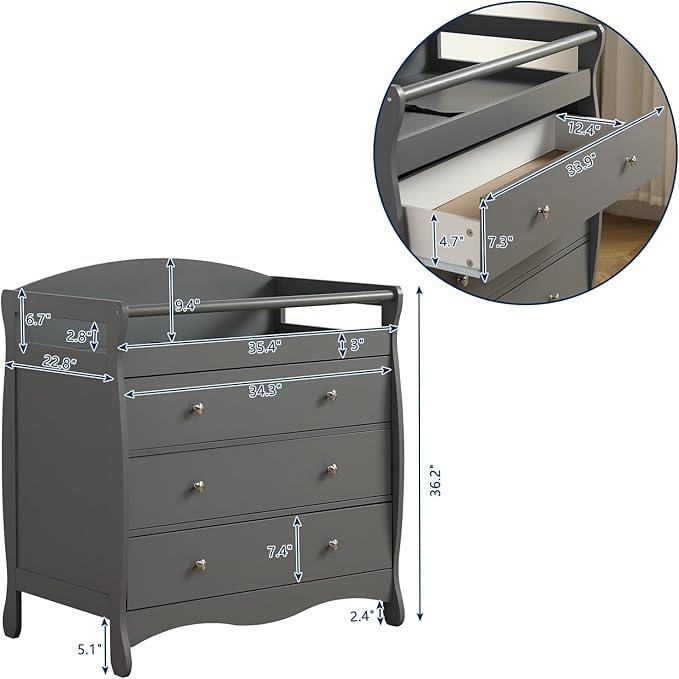 3-Drawer Changing Table, Safety Rails & Strap, Infant Diaper Changing Station with Drawers, Baby Diaper Changing Table Dresser for Nursery, Easy Assembly (Gray)