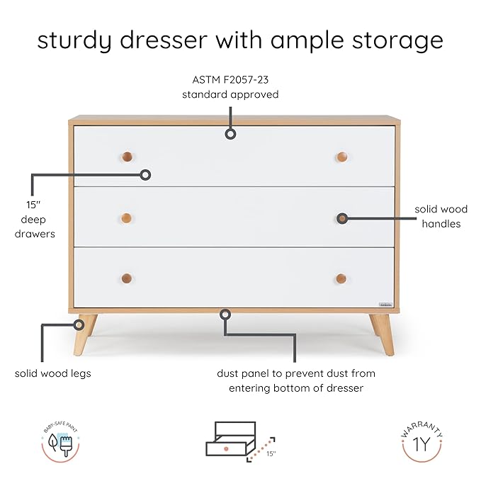 dadada Austin 3-Drawer Dresser for Nursery and Bedroom - Modern Design, Large Storage, Baby-Safe Finish, Soft Close Drawers, Anti-Tip Safety, Solid Wood Feet, Durable Construction (White+Red Oak)