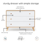 dadada Austin 3-Drawer Dresser for Nursery and Bedroom - Modern Design, Large Storage, Baby-Safe Finish, Soft Close Drawers, Anti-Tip Safety, Solid Wood Feet, Durable Construction (White+Red Oak)