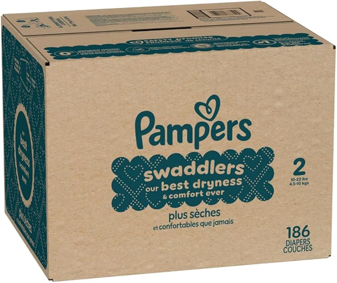 Pampers Swaddlers Diapers, Size 2 (10-22 lbs), 186 Count, Absorbent, Keeps Baby Dry and Comfortable, Skin Safe Disposable Baby Diaper (Packaging May Vary)