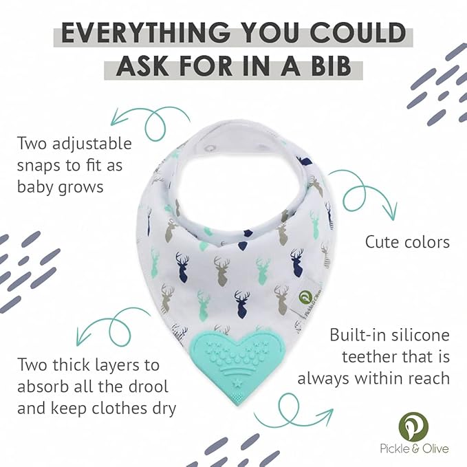 Pickle & Olive Baby Bandana Teething Bibs with Attached Silicone Teether, Set Of 4 - Blue Deer