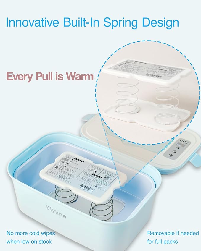 Elyina Baby Wipe Warmer with Soothing Music & White Noise, Innovative Spring Design, No-Dry Moisture Lock, Fast and Even Heating, 4 Temp Modes – Diaper Change Essential