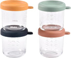 BEABA 4 Pack Glass Baby Food Jars with Soft Silicone Air Tight Lids, 8 oz Glass Storage Containers with Lids, Microwave and Freezer Safe Containers, Sunrise