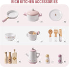 ROBOTIME Wooden Play Kitchen Set, Pretend Play Kitchen Set for Kids with Realistic Design, Kids & Toddlers Kitchen Playset with Dishwasher, Toy Kitchen Set for Boys and Girls Ages 3+ (Pink)