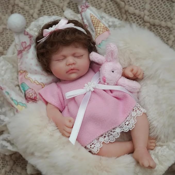 7 Inch Mini Silicone Baby Girl, Full Silicone Realistic Newborn Baby Doll, Long Eyelashes and Thick Hair with Feeding Accessories Gift Box