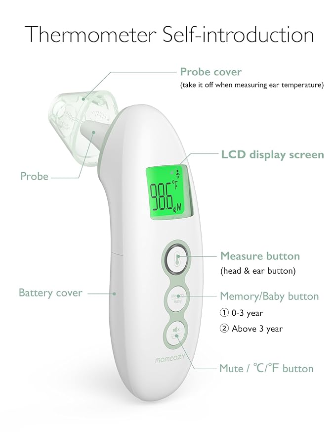 Momcozy Non-Contact Forehead and Ear Thermometer, Digital Infrared Thermometer for Adults and Children, with Child Mode, Fever Alarm Function, Mute and Memory Functions, Fast and Accurate Measurement