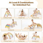 Pikler Triangle Set with Cushion, 8-in-1 Toddler Climbing Toys Indoor, Wooden Montessori Climbing Set with Arch Ramp,Ladder&Tent Cloth, Baby Indoor Climber Jungle Gyms for Toddlers Toy, Rainbow