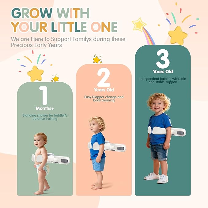 Baby Bath Support Stand Shower - Wall-Mounted Baby Shower Stand with Strong Suction Cups. Foldable Adjustable Baby Standing Support for Infants, Toddlers aged 8-36 Months. Soporte para Bañera de Bebé