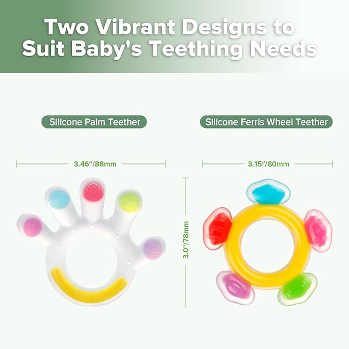 Haakaa Silicone Teether Combo - Baby Freezer Teething Toy - Soft Cold Teether - Soothe Teething Pain & Itching Gums - Perfect Size - Palm & Ferris Wheel Shape for 3M+ Babies BPA Free - 2 pk