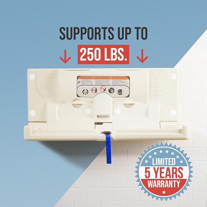 Foundations Classic Horizontal Wall-Mounted Baby Changing Station for Commercial Restrooms, Includes One Handed Adjustable Safety Strap & Liner Dispenser, Cream (5210089)
