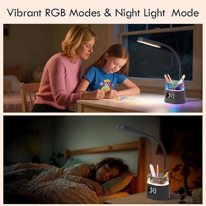 WILIT LED Desk Lamp for College Dorm Room Essentials, Students Study Lamp with Charging Station, Pen Holder, Clock & RGB Night Light, Office Desk Accessories, Table Lamp for Bedroom - Gray