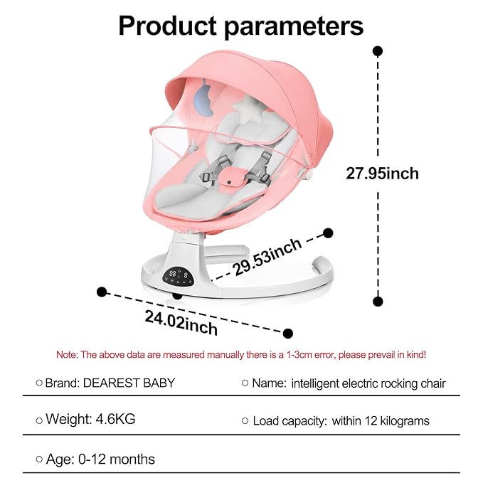 Baby Swing for Newborn to Toddler, 5 Speed Portable Infant Swing with Bluetooth Touch, Remote Control, 10 Lullabies, Timer, 5 Point Harness and Soft Fabric (Pink)