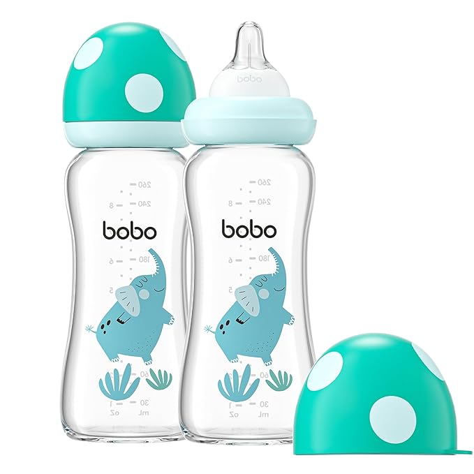 YOHKOH Natural Glass Baby Bottle with Natural Response Nipple, Newborn Anti-Colic Baby Bottles, Wide Neck Mushroom Cap Baby Bottle, Clear (8.8ounce (Pack of 2), Blue2)