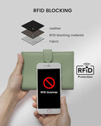 RFID Slim Passport Holder for Women, Compact Leather Passport Wallet with Card Holders SIM Slots,Zippered Coins Pocket and Cash Compartment Travel Passport Cover Case, Light Green