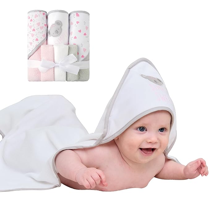 Viviland Baby Towels and Baby Wash Cloths Set Hooded Baby Towels Baby Wipes Absorbent Bath Face Towels Burp Cloths or Face Towels for Girl Boy 6-Pack Size 28 x 28 Inch(Pink Koala)