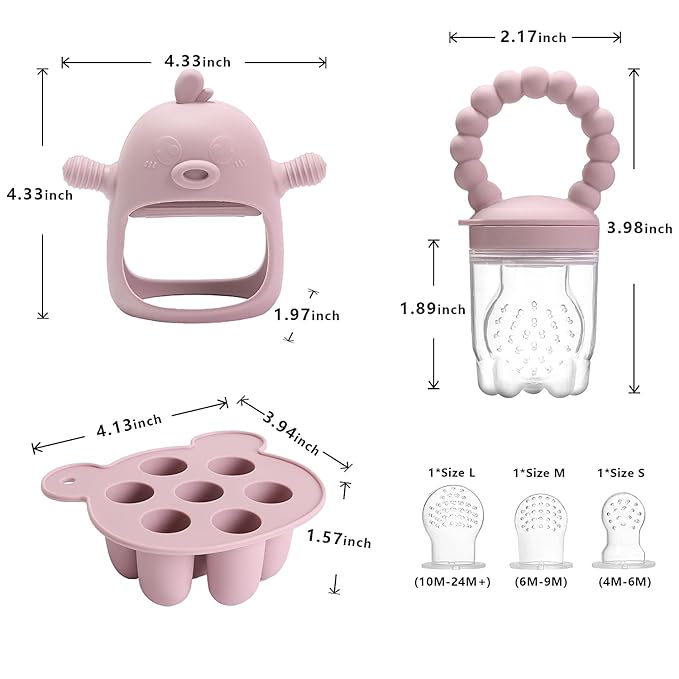 Baby Fruit Feeder & Breastmilk Popsicle Mold Set – 3 Pack Silicone Teething Relief Kit with Food Feeder Pacifier, Freezer Tray with Lid & Baby Teether Toy (Blush)