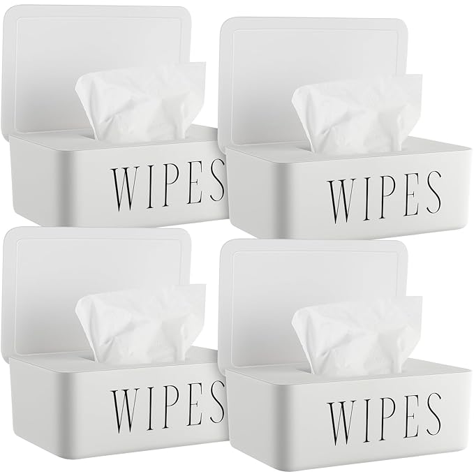 4 Pack Baby Wipes Dispenser Refillable Wipe Holder with Lid Toilet Wipes Container for Bathroom Tissue Paper Storage Box for Home Office (White)