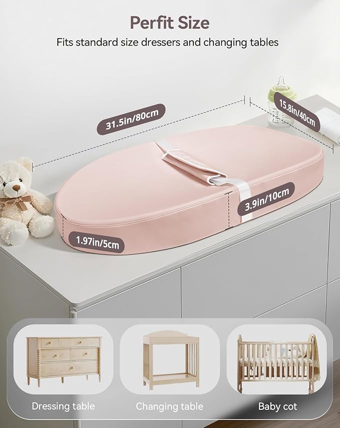 COMOMY Baby Changing Pad with Wipeable & Waterproof PU Cover, Contoured Diaper Changing Pad for Dresser with Non-Slip Safety Belt, Portable and Lightweight, Large Cushioned Foam, Pink