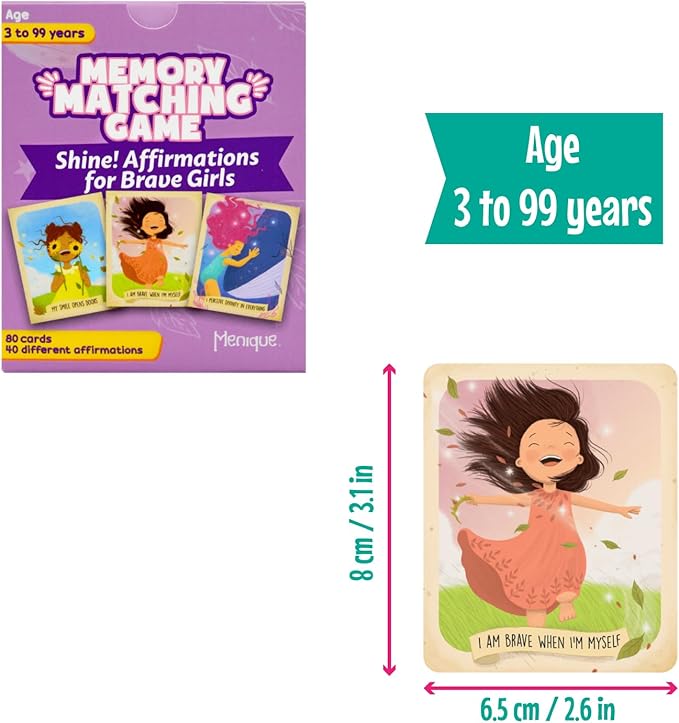 Menique Shine Memory Matching Game – 80 Cards (40 Pairs) with Positive Affirmations for Brave Girls – Motivational & Mindful Matching Game for Confidence and Self-Love