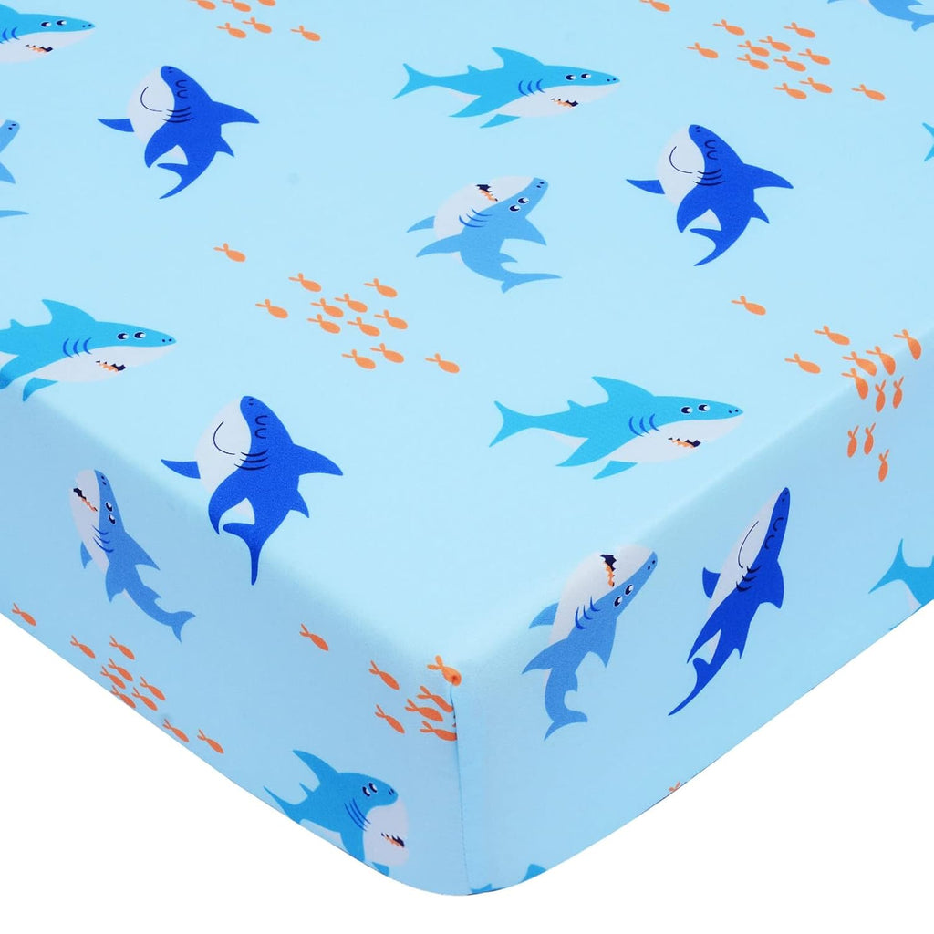UOMNY Crib Sheet for Baby Boys Shark Fitted Crib Sheets for Standard Crib and Toddler Mattresses Ocean Crib Mattress Sheets for Daycare 52 x 28 Blue