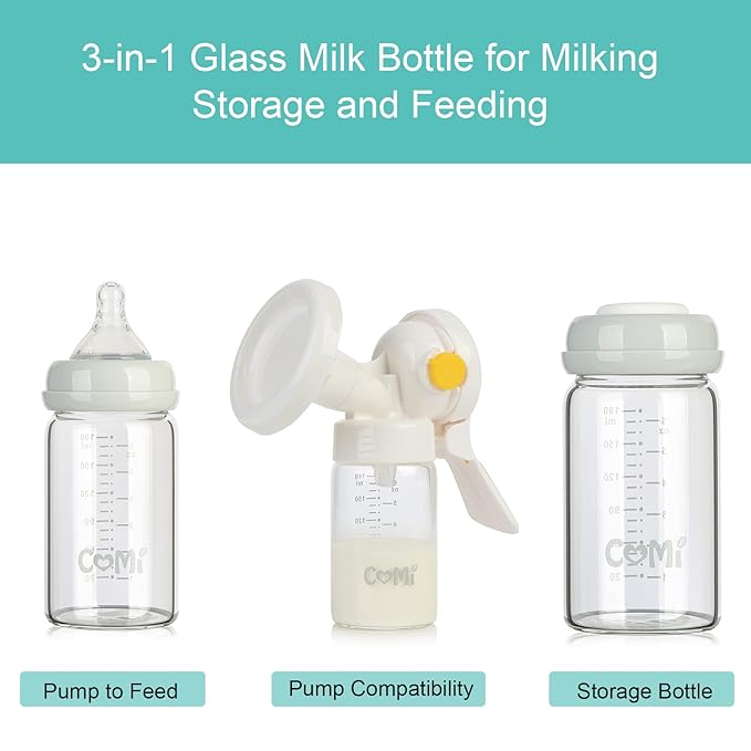 COMI Wide Neck Glass Breastmilk Collection n Storage Bottle, 4 Packs, 6oz with Screw Ring Sealing Disk; Re-markable Sealing Disc. BPA Free, Fits Breast Pumps & Nipples (4 Gray Lids)