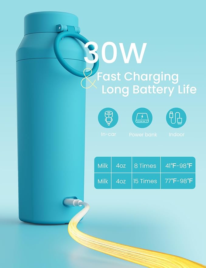 Paruu Portable Bottle Warmer for Travel, Easy-Clean Wide Mouth, Portable Milk Warmer with Fast Heating for Night Feeding, 7-Temp Control, Large 12oz Capacity, Ideal Gifts for New Parents, Blue