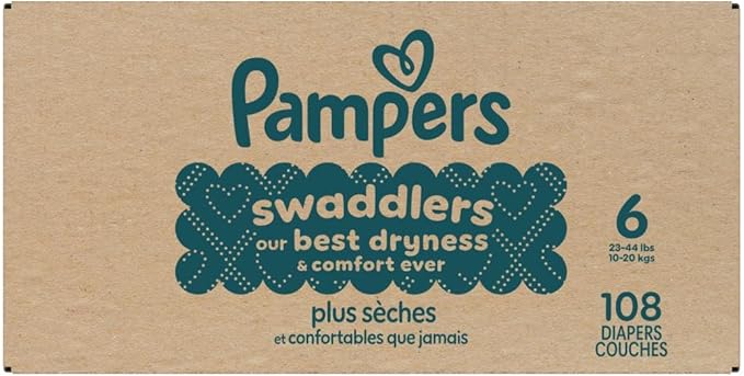 Pampers Swaddlers Diapers, Size 6 (23-44 lbs), 108 Count, Absorbent, Keeps Baby Dry and Comfortable, Skin Safe Disposable Baby Diaper (Packaging May Vary)