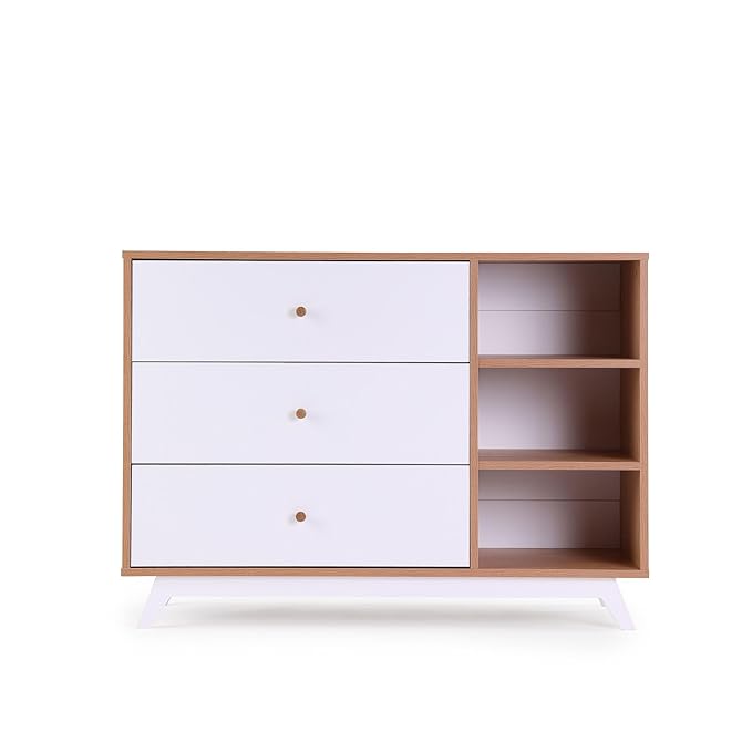 dadada Central Park 3-Drawer Dresser with Open Shelving - Modern Design, Baby-Safe Finish, Forged Steel Support, Sturdy Wood Legs, for Nursery, Kids or Teen Room, 47” Wide (White+Red Oak)