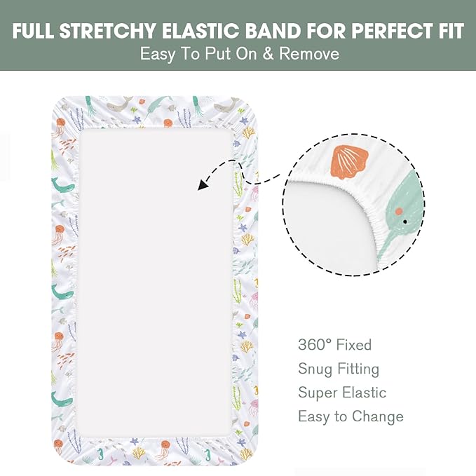 Bimocosy Crib Sheets for Boys Girls, Fitted Crib Sheet 4 Pack for Standard Crib and Toddler Mattresses, Super Soft Breathable Microfiber Baby Sheet 28x52x8in, Ocean World/Milky Green/Seashell/Blue