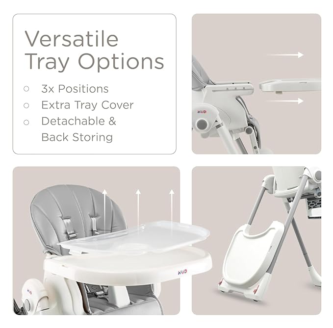 KÜB 3-in-1 Foldable Baby High Chair, 7 Height & 4 Recline Adjustable Seat & Tray for Easy Clean, 2 Locking Wheels, Multifunctional Infant High Chairs for Babies and Toddlers (Grey, with Toys)