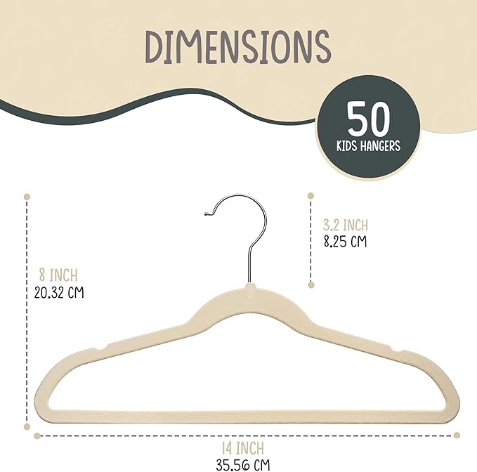 50 Premium Kids Velvet Hangers - 14" Non-Slip Clothes Hangers for Kids & Preteens - Ultra Slim, Space-Saving, Strong & Durable Hangers with 360° Swivel Hook - Ivory