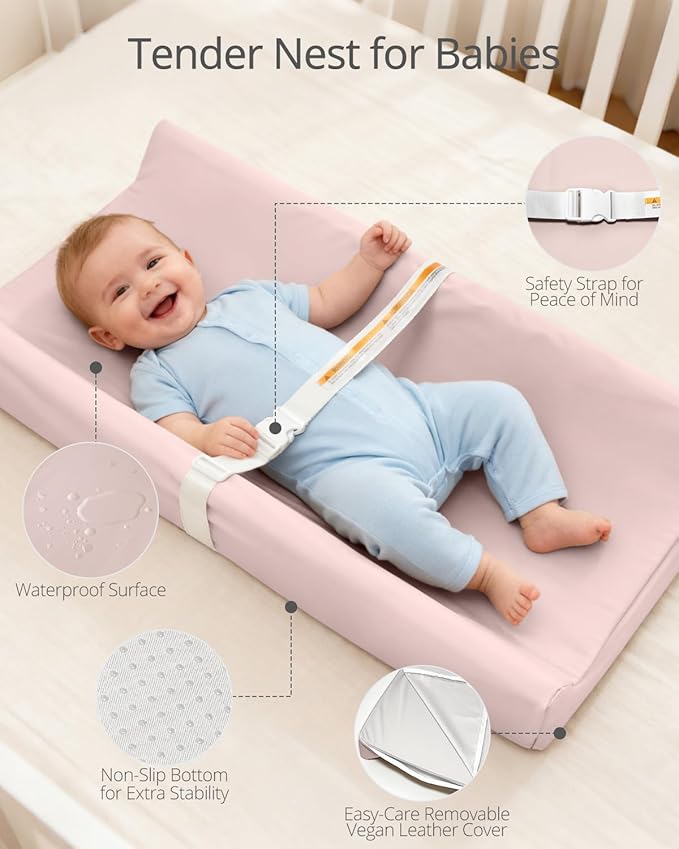 Baby Changing Pad, Wipeable Changing Pad, Diaper Changing Pads, Pink Vegan Leather Waterproof Changing Table Topper for Dresser and Table