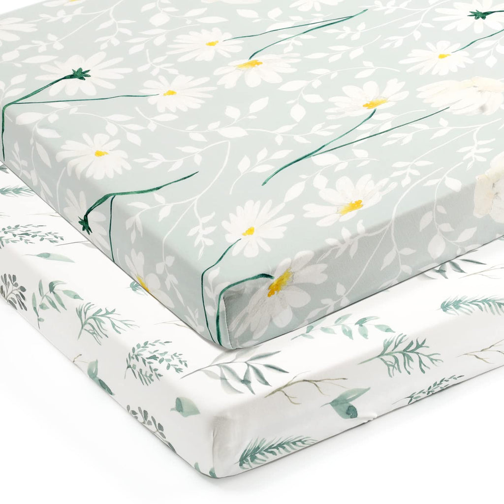 GRSSDER Stretchy Ultra Soft Jersey Knit Fitted Pack n Play Sheets Set 2 Pack, Universal Fitted Portable Pack and Play/Mini Cribs Sheets for Girls, Stylish Watercolor Daisy Flower