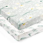 GRSSDER Stretchy Ultra Soft Jersey Knit Fitted Pack n Play Sheets Set 2 Pack, Universal Fitted Portable Pack and Play/Mini Cribs Sheets for Girls, Stylish Watercolor Daisy Flower