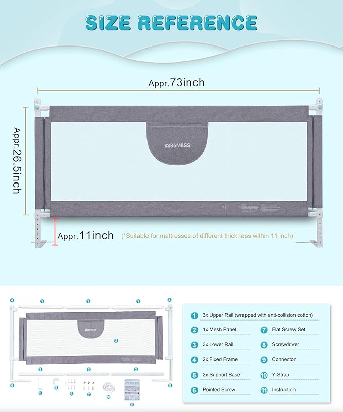 MBQMBSS 73" Bed Rails for Toddlers, Universal Bed Rails for Toddlers, Adjustable Baby BedRail Guard for Queen King Twin Full Size Mattress, Extra Tall Bed Sides Rails with Double Safety Lock(1 Side)