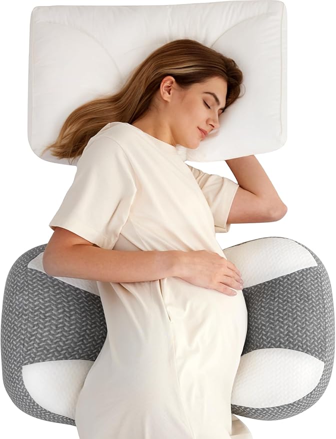 Momcozy Plus W Shaped Pregnancy Pillow for Sleeping - Adjustable Maternity Pillow for Side Sleepers - Portable Wedge Belly Support -Compact Design for Back Belly and HIPS, Grey White