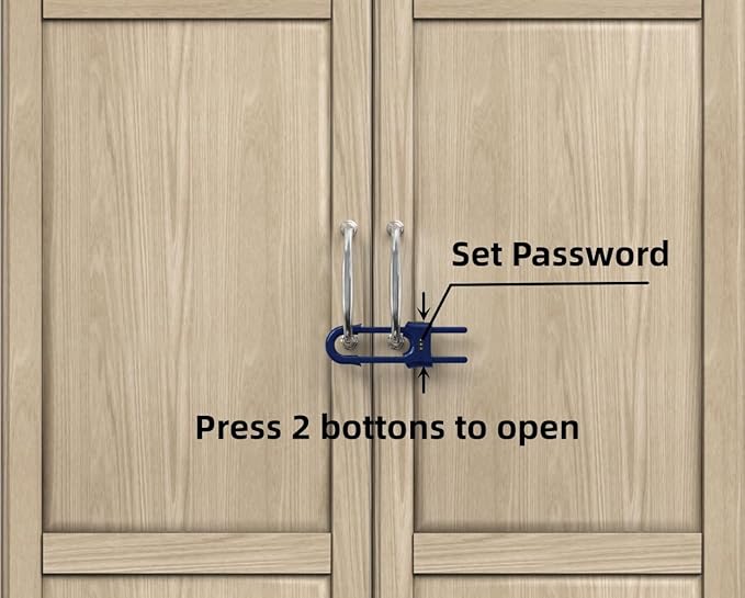 4 Pack Child Proof Sliding Cabinet Door Code Locks Baby Safety Cupboard Locks Adjustable U Shaped Cabinet Latches for Knob Handle Drawers Closet (4 PCS, Blue)