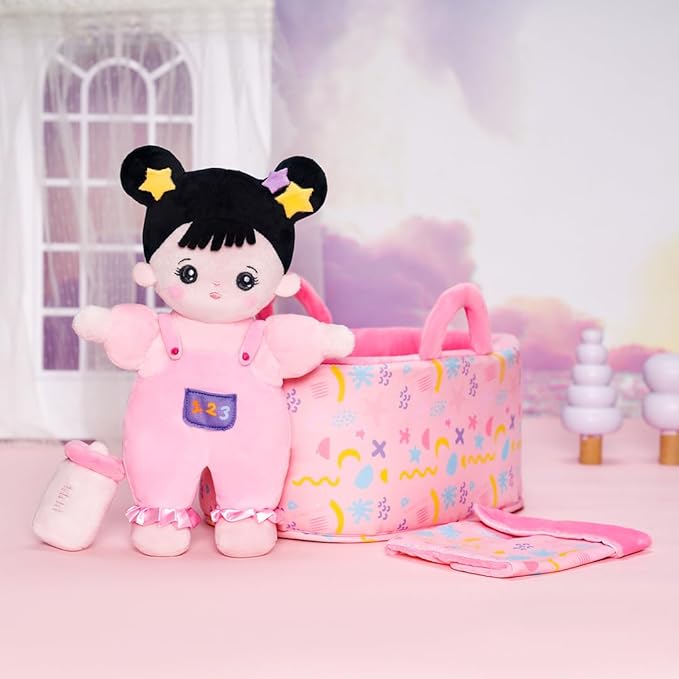OUOZZZ 10" Soft Baby Doll Set with Plush Doll, Bassinet, Blanket and Bottle, Pretend Playset for Emotional Social Education Asian Doll for 2 Year Olds Girls Christmas Birthday Gift