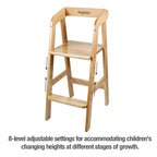 PandaEar Wooden High Chair for Toddlers, Adjustable Child Highchair Feeding Chair with Removable Cushion & Steps for Kids Dining, Eating, Studyin (Natural)