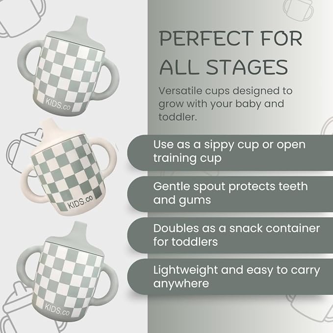 Silicone Sippy Cups with Easy Grip Transition Handles and a Soft Spout. A Non Txoic No Spill Unbreakable Training Cup. 150ml/5oz |2-PACK Sandy Shore & Green Checkers|