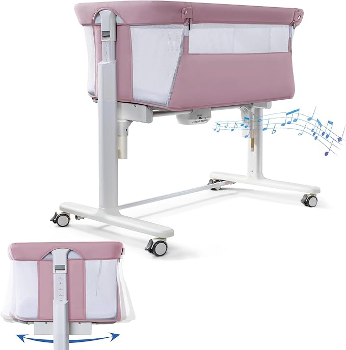 Electric Bassinet for Baby, 3 Speeds Automatic Rocking Bassinets with All mesh, 5 Height Adjustment Bedside Crib for Nweborn, 8 Music, Wheels, Pink
