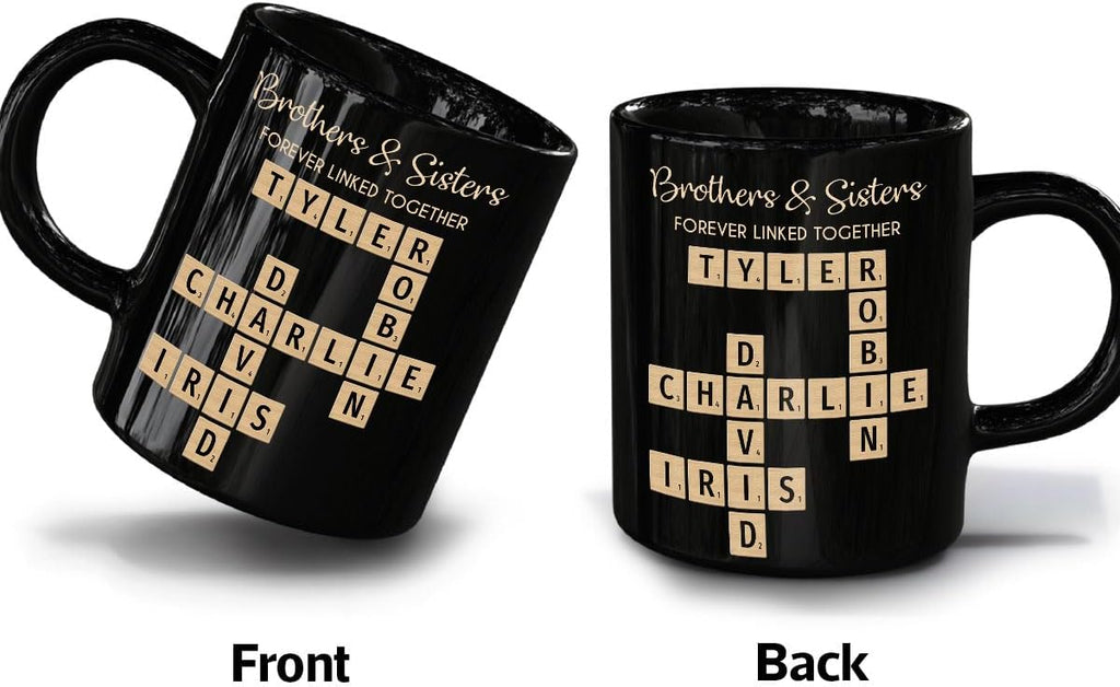 Family Puzzle Mug - Brothers & Sisters Forever Linked Together - Personalized For Family, Sister, Brother, Siblings - Scrabble Coffee Mug - Gifts For Christmas, Birthday, Anniversary