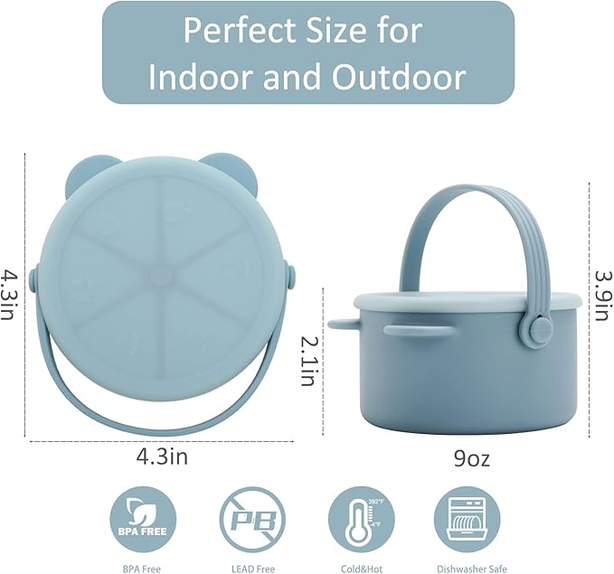 Snack Cups for Toddlers, Baby Snack Containers, Silicone Toddler Snack Cups No Spill, Food Catcher with Lid & Bucket-like Handle, BPA Free & Dishwasher Safe, 9 Ounce Smoke Blue
