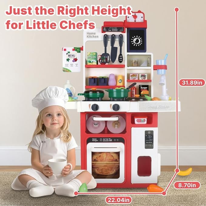 Kids Pretend Kitchen Playset with Electronic Stove, Steam & LED Lights – Interactive Toddler Kitchen Toy with Working Sink, Play Food & Accessories for Girls & Boys 3–8 Years (Red)