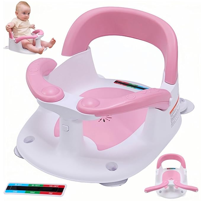 Baby Bath Seat for Babies 6 Months & Up Sitting Up,Infant Bath Seat with Temperature Alert+Open Backrest+on/Off Armrest,Toddler Bath seat Baby Bath Chair for Bathtub,Tub,Sink Pink