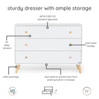 dadada Austin 3-Drawer Dresser for Nursery and Bedroom - Modern Design, Large Storage, Baby-Safe Finish, Soft Close Drawers, Anti-Tip Safety, Solid Wood Feet, Durable Construction (White+Natural)
