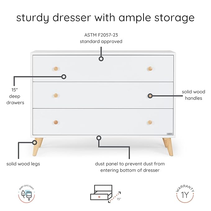 dadada Austin 3-Drawer Dresser for Nursery and Bedroom - Modern Design, Large Storage, Baby-Safe Finish, Soft Close Drawers, Anti-Tip Safety, Solid Wood Feet, Durable Construction (White+Natural)