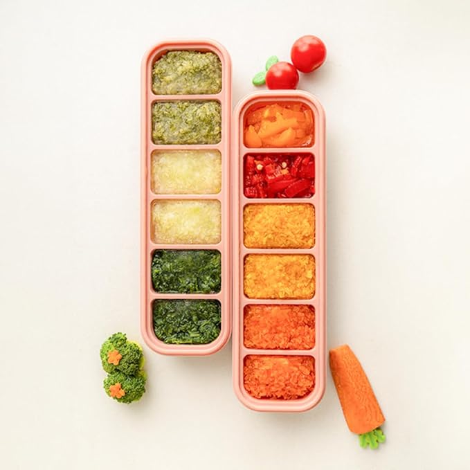 Silicone Freezer Tray, Made in Korea, Meal Prep, Freeze Food Storage Cubes Trays with Lids for Purees, Soups, Solid Food Fruit Vegitable Brastmilk, Easy and Safe (Rose, 2 Pack - 6 Cube)