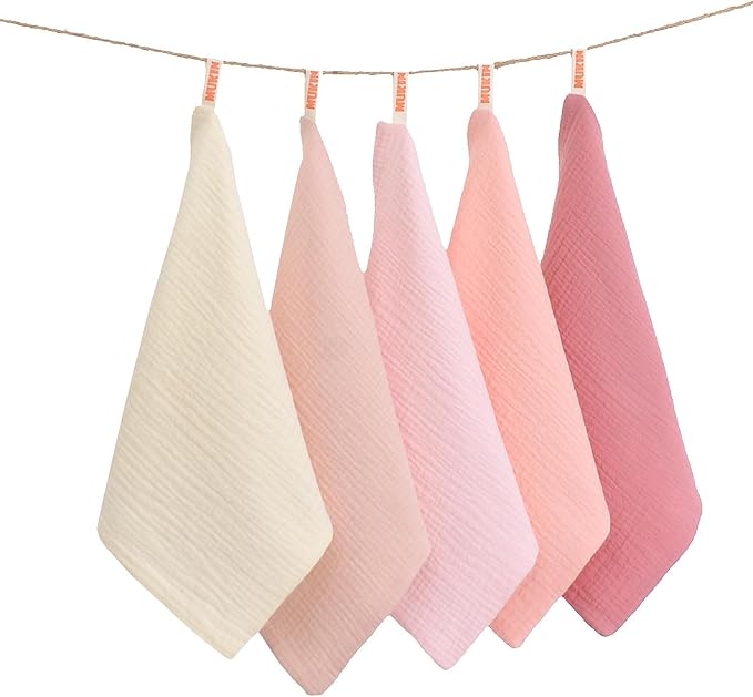 MUKIN Baby Washcloths,Muslin Burp Cloths Towels for Newborns,Absorbent Cotton Bath Face Towel ，5 Pack, 12x12 Inches (Rosy Embrace)