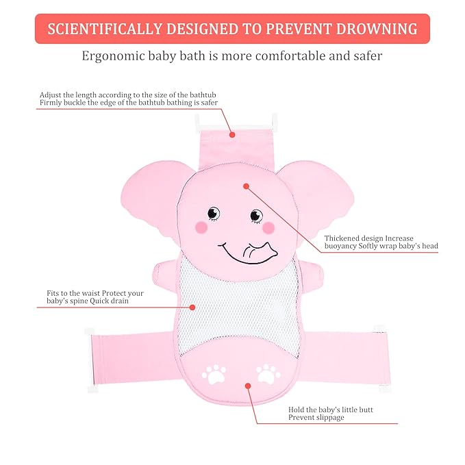 AIR&TREE Baby Bath Seat Support Net, Quick Drying, Adjustable, Comfortable, Non-Slip, Infant Bathtub Sling Shower Mesh for a Tub, with Safety Support Corners (Pink)
